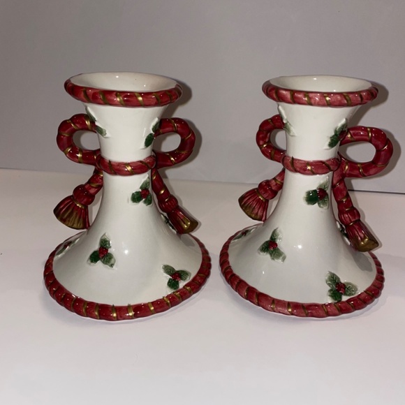 1990s Fitz & Floyd Christmas Bow Ceramic Candlestick Holder (without candles) - Picture 7 of 10